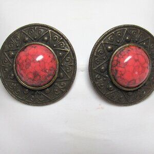 Faux Red Pink Stone CLIP ON EARRINGS Bronze Shield 80s Business Style Vintage